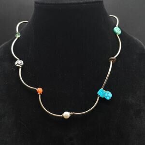 Desert Heart Curved Silver Tone Beaded Necklace Colorful